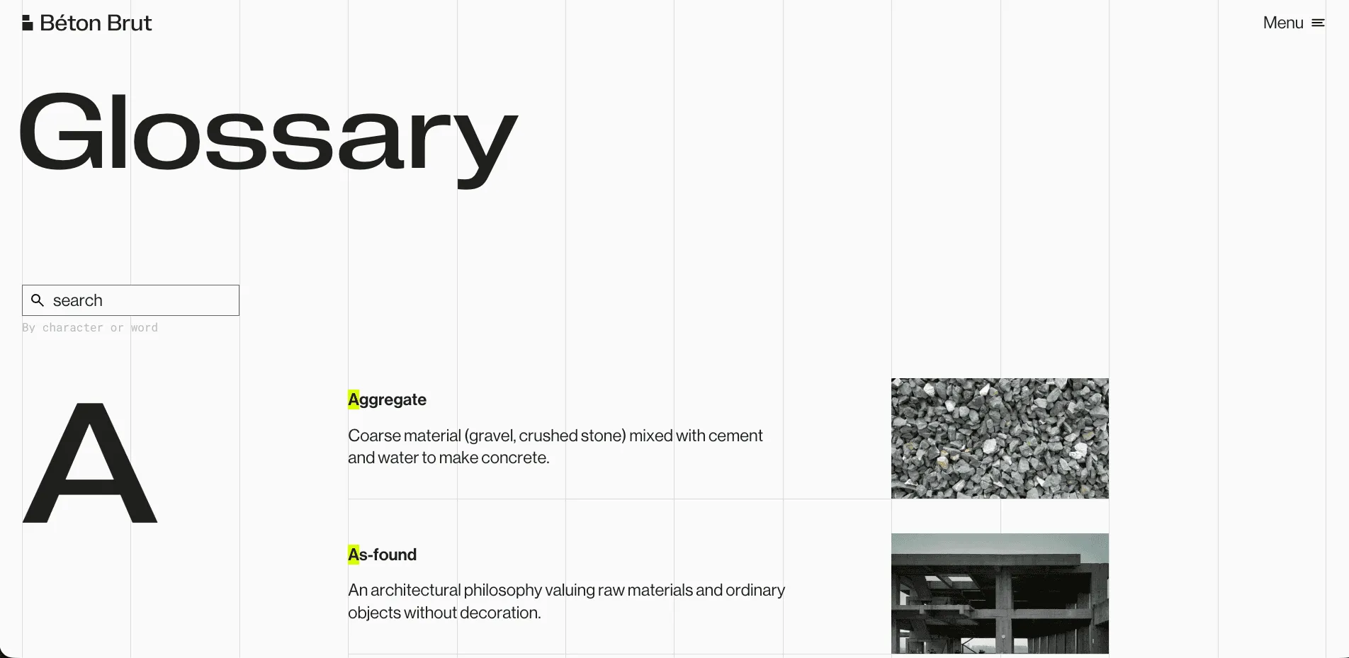Glossary page with architectural terms
