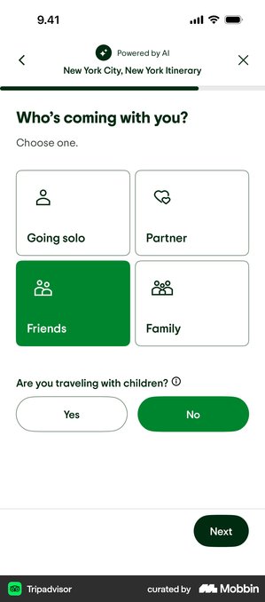 Tripadvisor screen on Mobbin: one question per screen