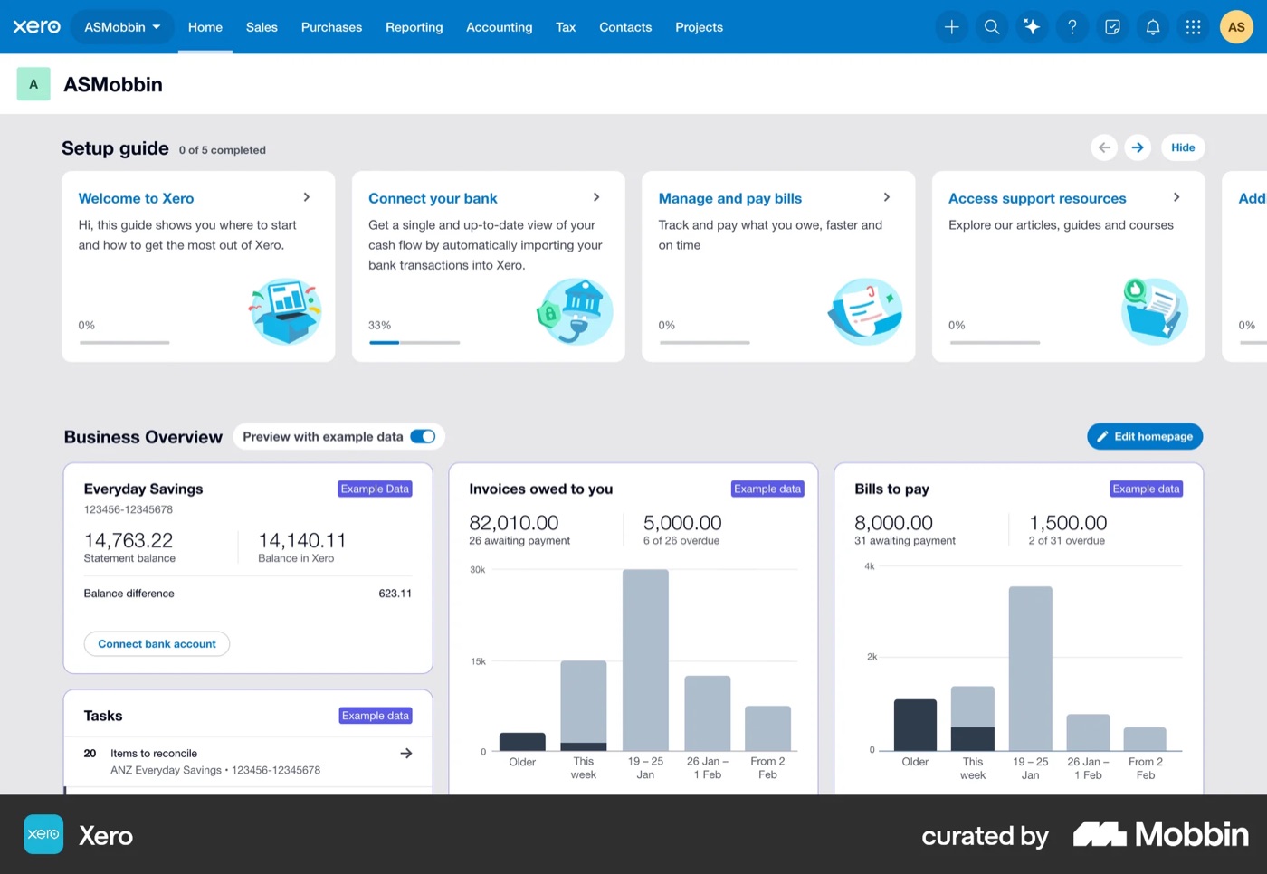 Today’s Xero Home: a setup guide, bank balance, and bar charts of invoices and bills